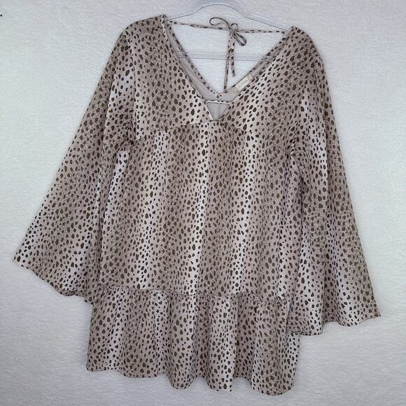 Altar'd State Dress Womens Medium Tan Brown Dot Boho Ruffle Tiered Flare Sleeve - Picture 2 of 13